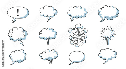 Collection of different comic book style speech bubbles, thought clouds, and explosion shapes on white background for design.