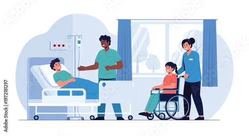 Caring pediatric hospital scene featuring medical staff attending to a young patient in bed and another child in a wheelchair.
