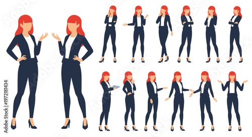 Businesswoman character poses set includes various standing, thinking, and presenting silhouettes for professional female empowerment concepts.