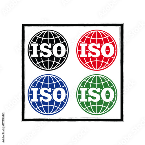 ISO Globe Round Badge Set Four Colors Black Red Blue Green International Standard Certification Symbol Vector