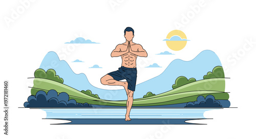 Muscular man practicing yoga tree pose on the shore of a calm lake with mountains, hills, and a bright sun in background.
