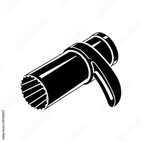 A striking black and white illustration of a vintage hair dryer emphasizing its streamlined form silhouette