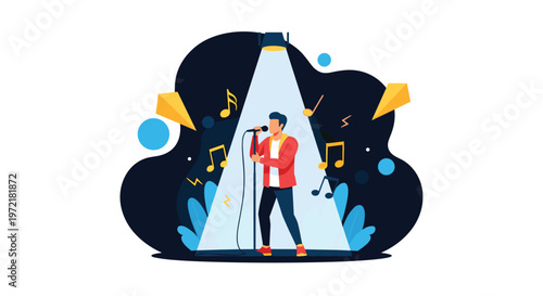 Talented male singer performs on stage under a bright spotlight with musical notes and abstract shapes decorating the dark background.