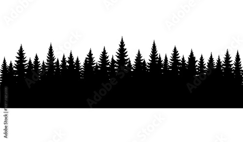 Dense evergreen forest silhouette vector with fir and spruce trees horizontal pattern isolated on white background