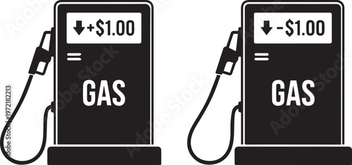 Gas station pump icons showing fuel price increase and decrease, black and white vector set of gasoline dispensers with dollar cost changes, petrol station inflation and deflation concept