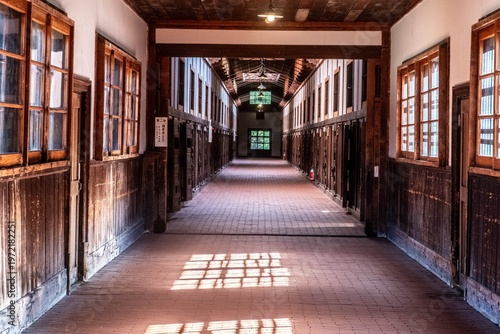 Bilde på lerret Historic Abashiri Prison wooden hallway with dramatic light and shadows