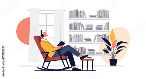Senior man with white hair relaxes in a rocking chair reading a book and listening to music through headphones in his home library room.