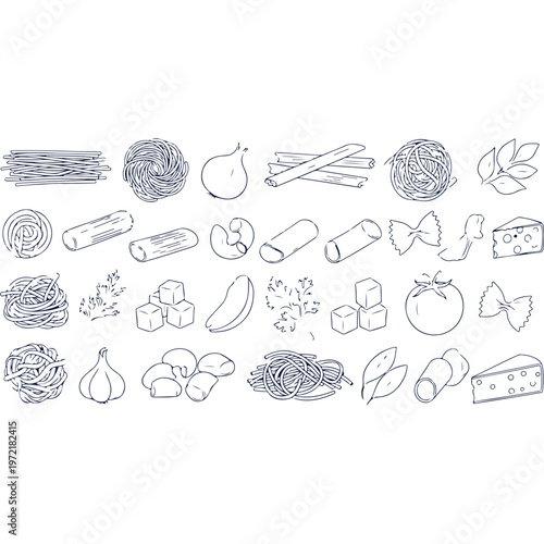 A black and white line drawing of various food items and ingredients isolated on white background