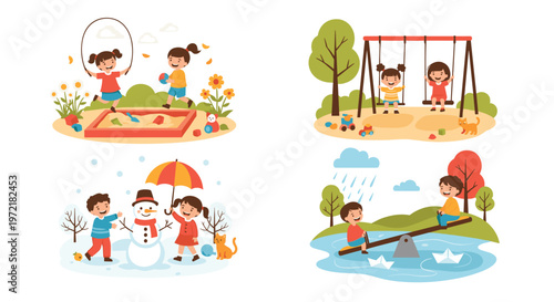 Illustration set of children playing outside in different seasons including a playground, seesaw by a pond, and building a winter snowman.