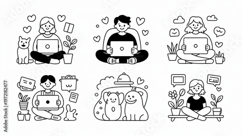 Collection of hand-drawn doodle illustrations of people working on laptops with pets and plants representing remote work and cozy lifestyle concepts for digital use