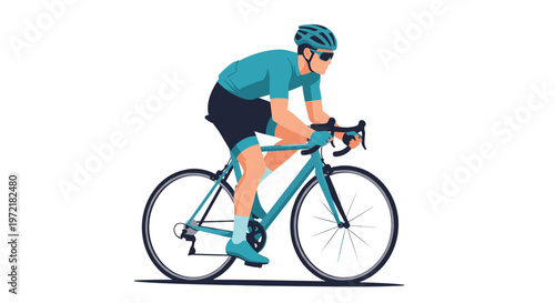 Professional cyclist wearing a helmet and sunglasses rides a blue racing bicycle with intense focus and speed on a white background.