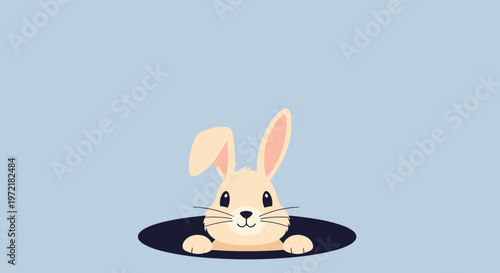 Curious little rabbit with long ears peeks out from a dark burrow in the ground against a soft blue background in a charming art style.