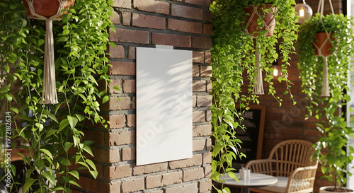 Restaurant flyer mockup is secured on textured brick wall framed by hanging plants in outdoor cafe environment fresh