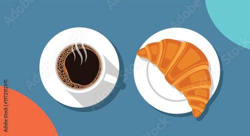 Overhead view of a cup of dark coffee and a golden flaky croissant on white plates over a vibrant blue and orange abstract background.