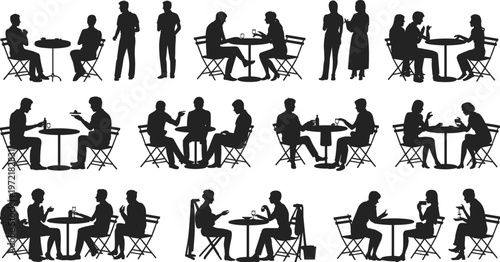 Diverse silhouettes of people interacting at tables in a cafe or outdoor seating area