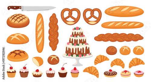 Large collection of diverse bakery products including various bread loaves, pretzels, baguettes, croissants, cupcakes, and a tiered wedding cake.
