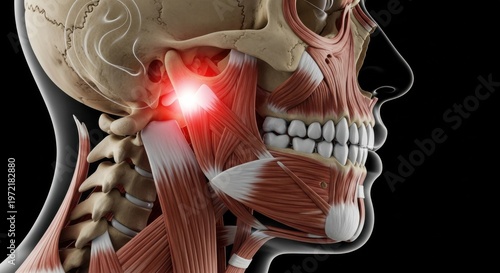 Human Jaw Anatomy Highlighting TMJ Joint Pain in Lateral View for Dental and Medical Healthcare Concept