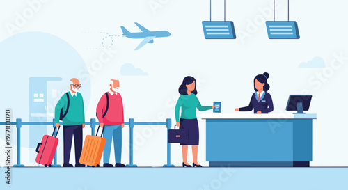 Diverse travelers wait in a queue at an airport check in counter with suitcases while a plane flies in the background.