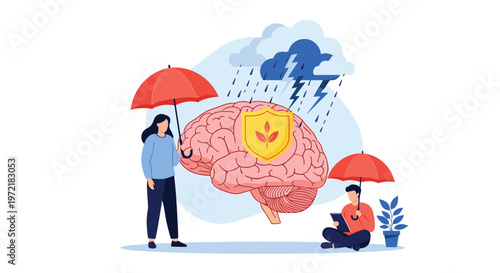 Mental health protection concept showing individuals using umbrellas to shield a human brain from symbolic storm and lightning clouds.