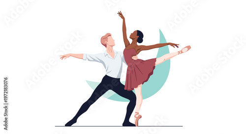 Graceful male and female ballet dancers performing an artistic routine in front of a large crescent moon on white background.