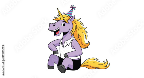 Happy purple unicorn cartoon character wearing a colorful striped party hat and white tank top sitting on plain white background.