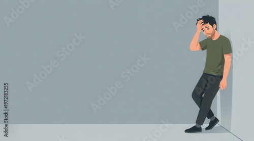 Upset man leaning against wall illustration showing lonely character in despair feeling sad and depressed within empty room representing mental health crisis and solitude with large copy space.