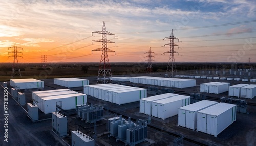 Aerial view of white BESS battery containers in organized rows, rural landscape, green fence, transformers, dramatic cloudy sky. Grid-scale energy storage infrastructure.