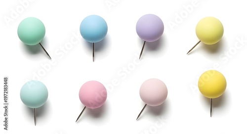 Cute Pastel Round Push Pins Collection – Soft Color Thumbtacks with Subtle Shadows Flat Lay Isolated on White Background