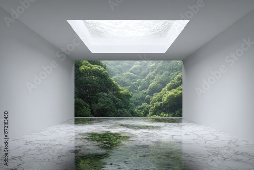 Tranquil minimalist white room with serene greenery and reflection