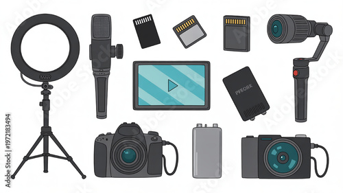 Collection of video production equipment including cameras microphone gimbal and ring light flat vector illustration for content creation and vlogging