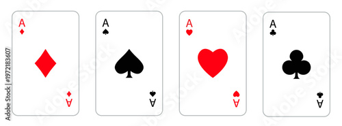 Playing card set. Four aces icon. Poker cards suits. Hearts, clubs, diamonds, spades ace line. Winning poker hand. Las Vegas Casino gambling concept. Flat design. Isolated. White background. Vector