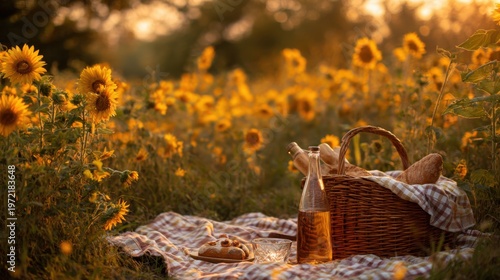 Sunset picnic delight a cozy blanket in a field of sunflowers nature and lifestyle bliss