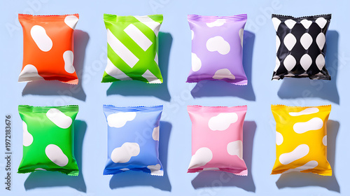 Colorful snack bag pastel packaging modern pattern minimal design abstract shape assorted color potato chip bag candy wrapper snack food studio shot playful display colorful snack bag pastel