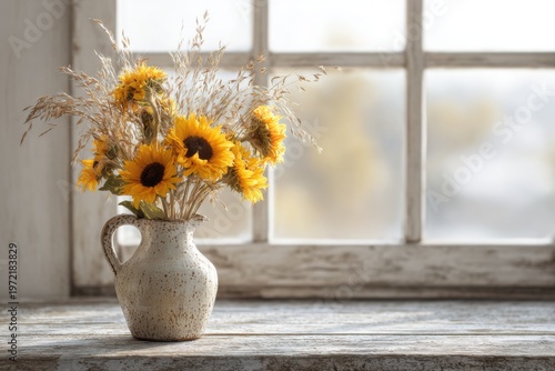 Sunflower bouquet in rustic ceramic vase cozy home interior natural light inviting atmosphere
