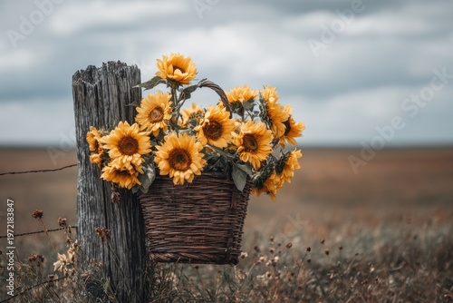 Rustic basket overflowing with sunflowers a tranquil countryside close-up