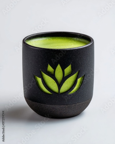 Contemporary black cup with green matcha minimalist kitchen product photography indoor close-up