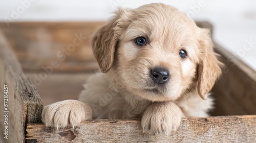 Playful golden retriever puppy in cozy wooden crate cute pet photography indoor setting