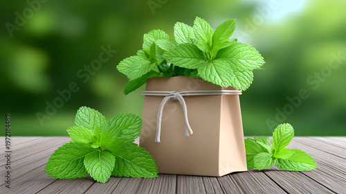 Mint herb fresh green leaf bag organic natural wood table plant aromatic flavor kitchen ingredient healthy beverage refreshment gardening foliage bundle ecofriendly packaging culinary detox summer