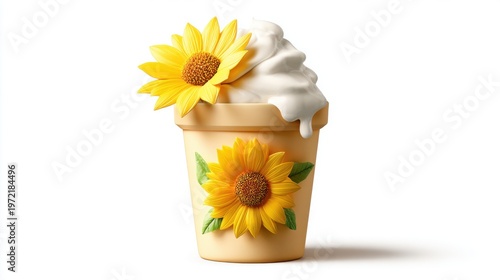 Whimsical ice cream pint container with sunflowers food photography bright colors playful mood