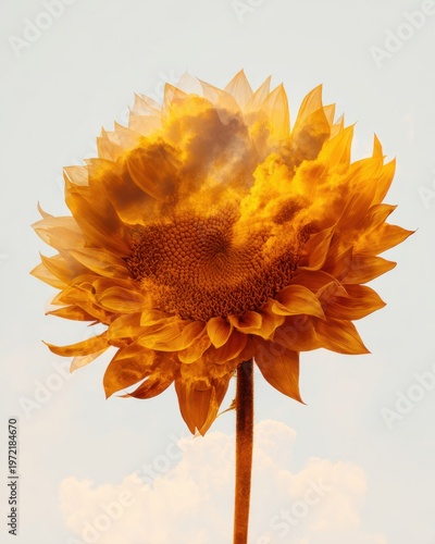Artistic double exposure of sunflower and goats in a serene nature landscape