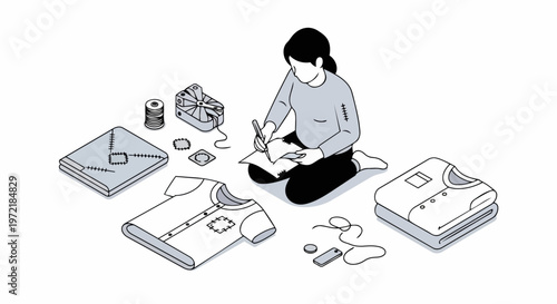Woman Mending and Repairing Clothes Isometric Illustration, Sustainable Fashion and Slow Fashion Concept, Garment Upcycling with Patches and Needlework