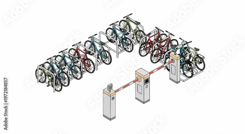 Isometric Secure Bicycle Parking Station with Access Control Gates and Modern Bike Racks for Smart City Mobility and Sustainable Urban Transportation