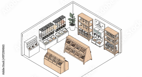 Isometric Zero Waste Shop Illustration - Sustainable Bulk Food Store Interior Design with Grain Dispensers and Eco-Friendly Packaging