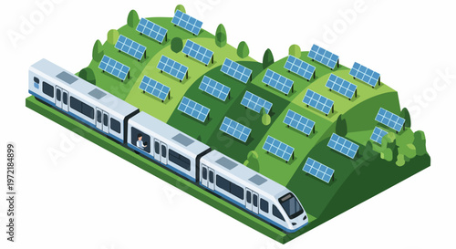 Isometric Illustration of High-Speed Train and Solar Panel Farm on Green Hills Representing Sustainable Transportation and Renewable Energy Technology