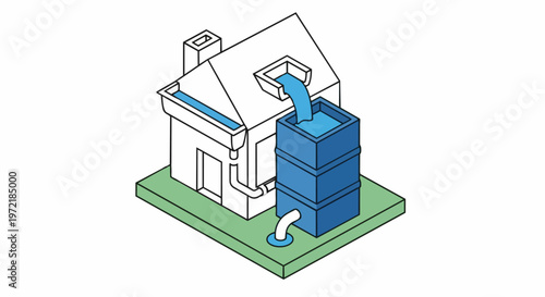 Isometric Rainwater Harvesting System Illustration for Sustainable House Design