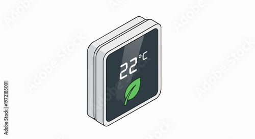 Isometric Smart Thermostat Displaying 22°C with Green Leaf Eco Icon - Modern Digital Climate Control and Energy Efficiency Concept for Smart Home Automation