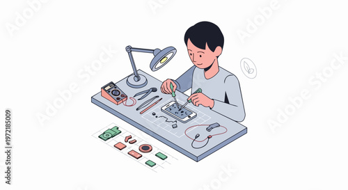 Isometric Illustration of a Technician Repairing a Smartphone at a Workbench with Tools and Multimeter for Technology Maintenance and Right to Repair Concept