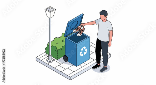 Isometric Man Throwing Old Sneakers into Recycling Bin for Sustainable Waste Management