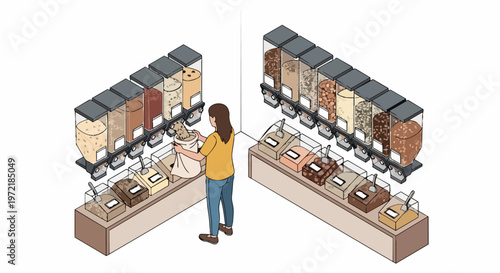 Woman Shopping at Zero Waste Bulk Food Store Filling Reusable Bag, Isometric Illustration of Sustainable Lifestyle and Eco-Friendly Grocery Concept