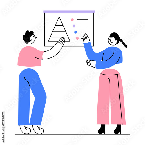 A flat style illustration showing a team presentation